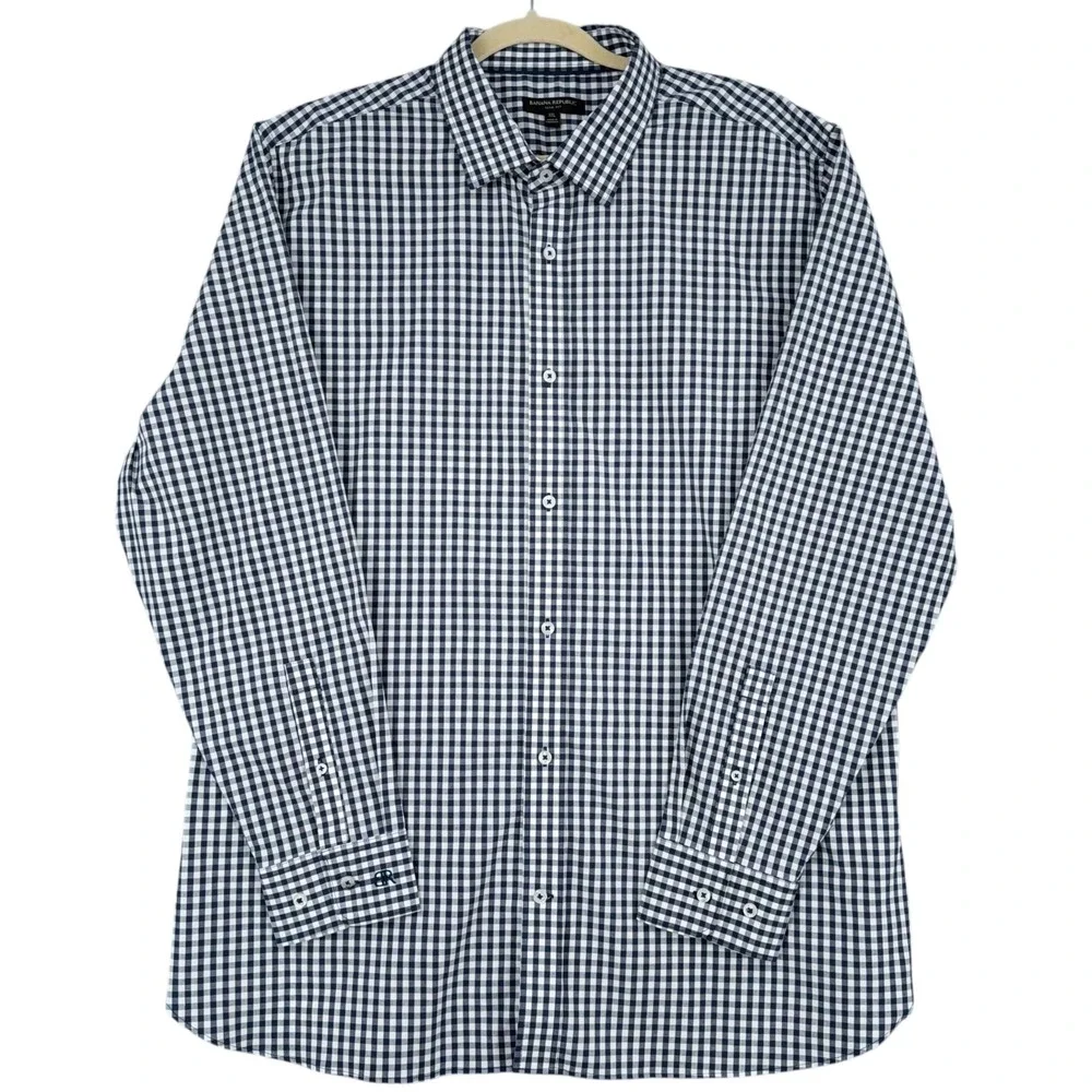 Banana Republic Men's XXL Slim Fit Navy Gingham Long‎ Sleeve Dress Shirt